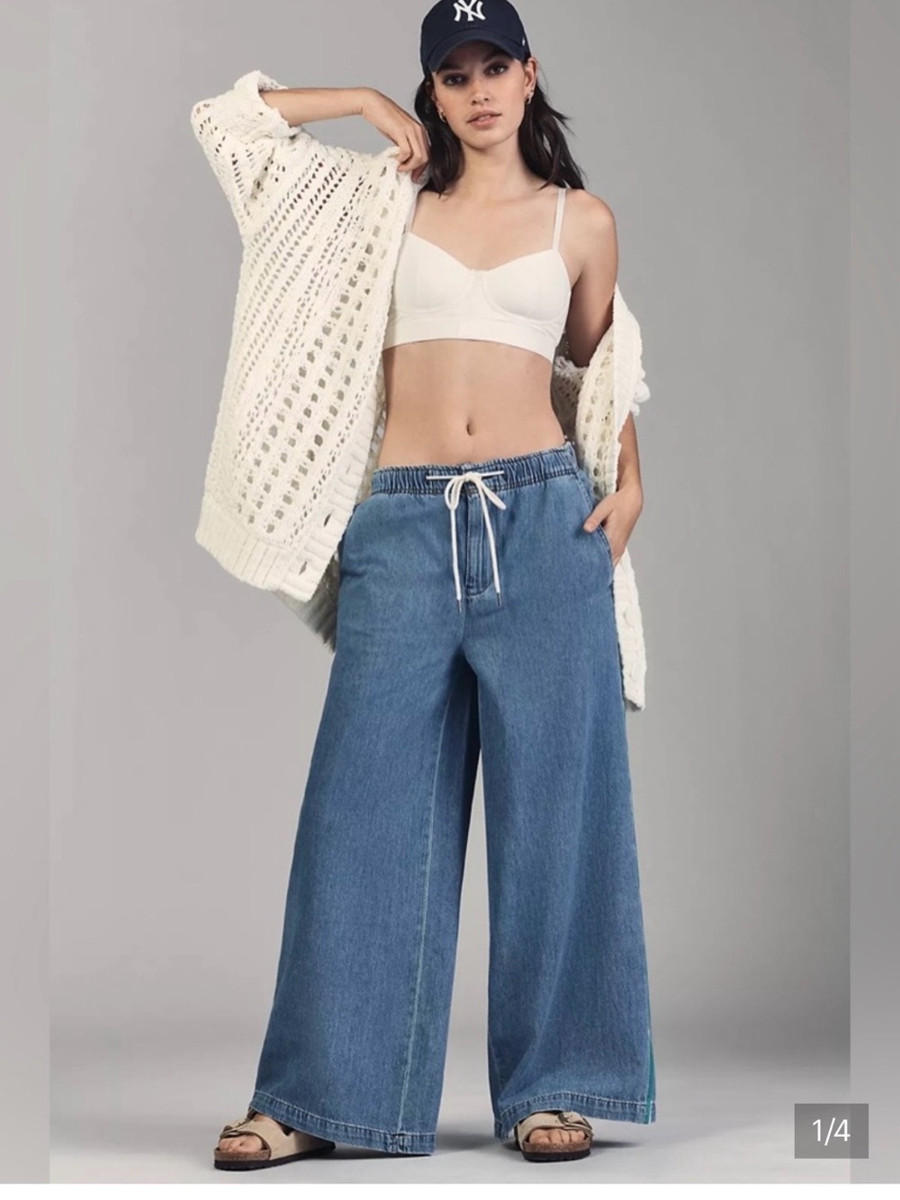 Pilcro Wide-Leg Drawstring Denim Jeans in Dark Blue